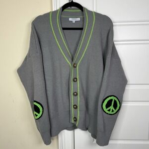 Miss Sparkling Cardigan Sweater Womens X-Large Grey Green Peace Sign Elbow Patch